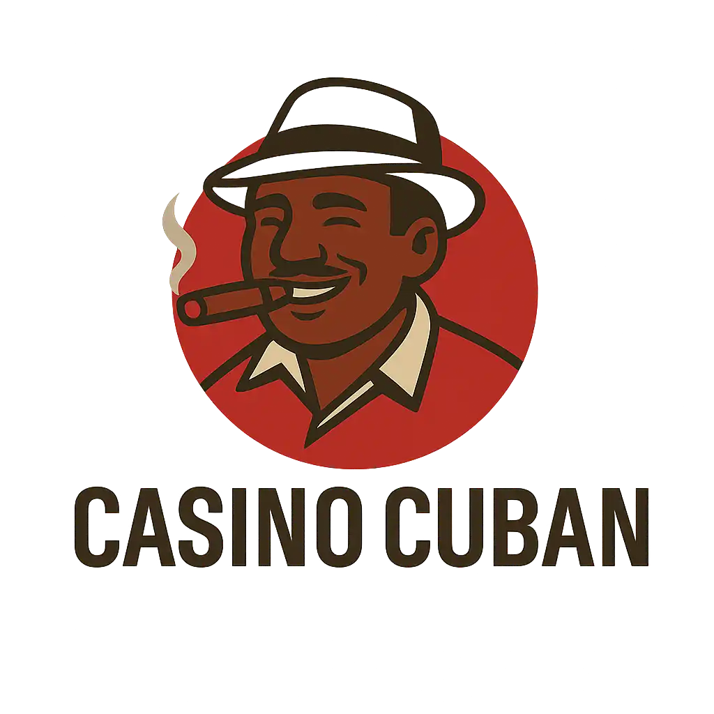 Cuban casino logo with man in fedora smoking cigar, red circle background, bold CASINO CUBAN text